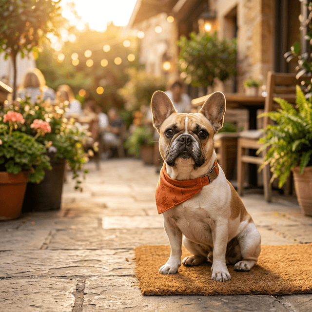 French Bulldog sitting on a sunny Texas patio wearing an orange cooling bandana